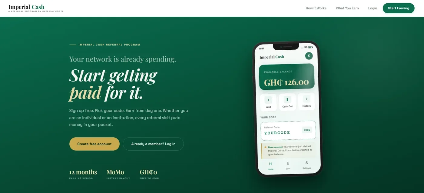 The Imperial Cash referral program home page with the member app on a phone